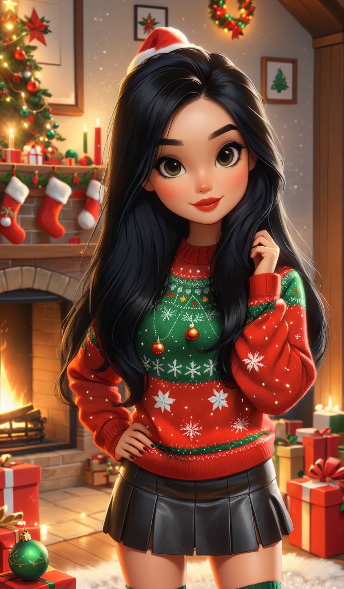 masterpiece, best quality, 1girl, long black hair, wearing christmas sweater, leather mini skirt, christmas decoration in background, lit fireplace in background,  ,christmas,samdoesart