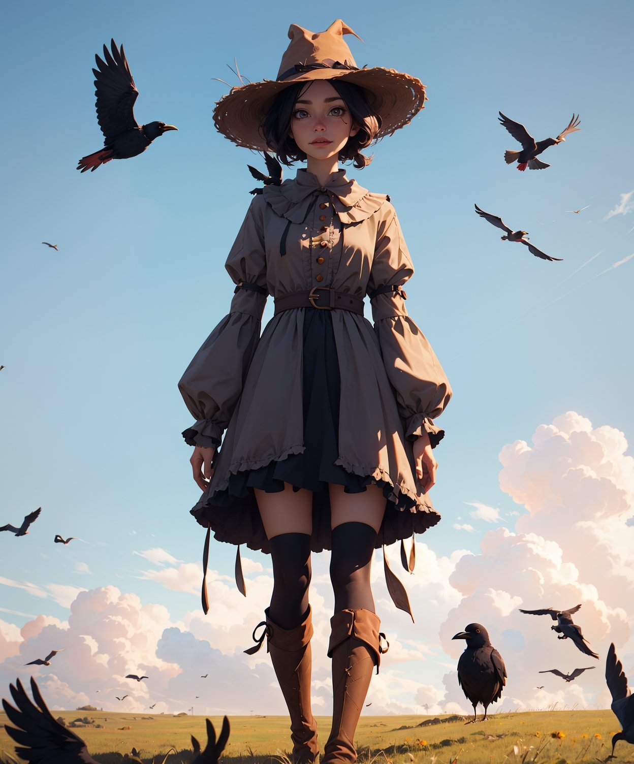 Funny and cute scarecrow standing in a field , wearing a creepy cylinder , crows flying around , fairytale atmosphere , super quality , octane rendering 