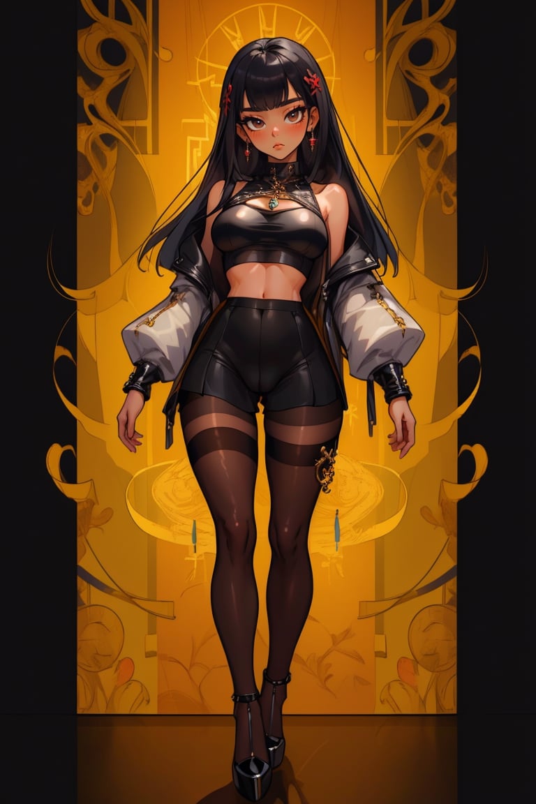 ((masterpiece, high quality, best quality, 8k, wallpaper, detailed)), 1girl, korean popstar, thighhighs, pantyhose, high heels, crop top, long legs, skinny, underboob, black hair, pretty hands, cameltoe, fringe, full body, looking at viewer, hair ornament,  jewelry, closed mouth,  (masterpiece:1.2),(best quality:1.2),