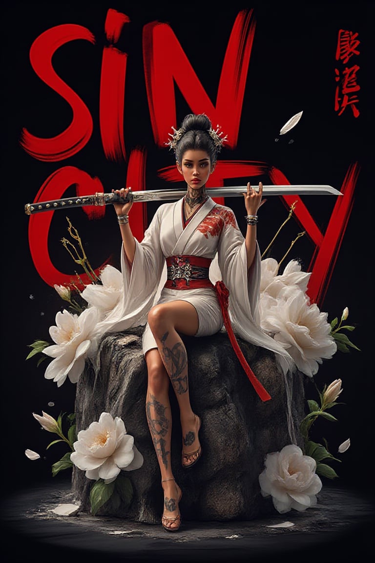 flat colour, slight blurred smudged areas and paint strokes, Japanese girl geisha wearing a white geisha clothes holding a giant katana sword and. tattoos hands, sitting in a giant broken CITYSCAPE , white and black lava , one leg hanging over the side of the Japanese letter , the other leg inside the white Japanese flowers , isolated on a black background text in big bold lettering "SIN CITY " spay painted across image in neon RED