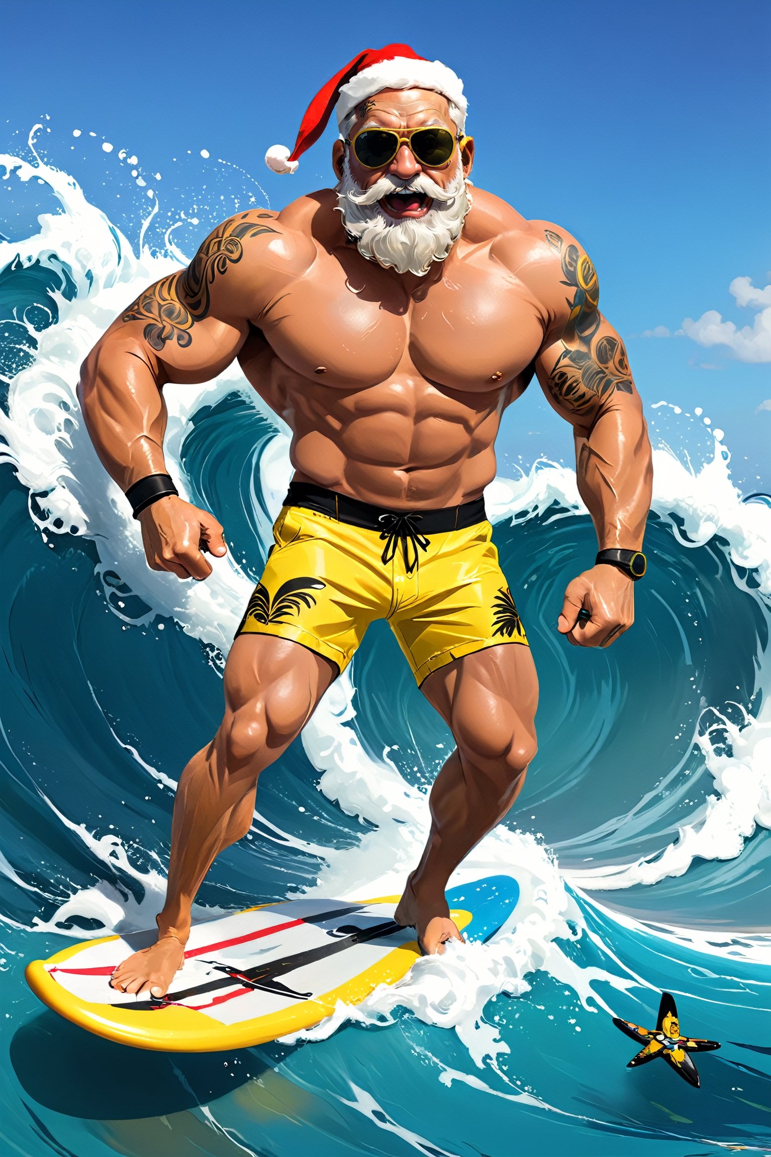 jolly Santa Claus surfing the waves, muscular body, yellow print shorts, black Aviator sunglasses, tattoo 