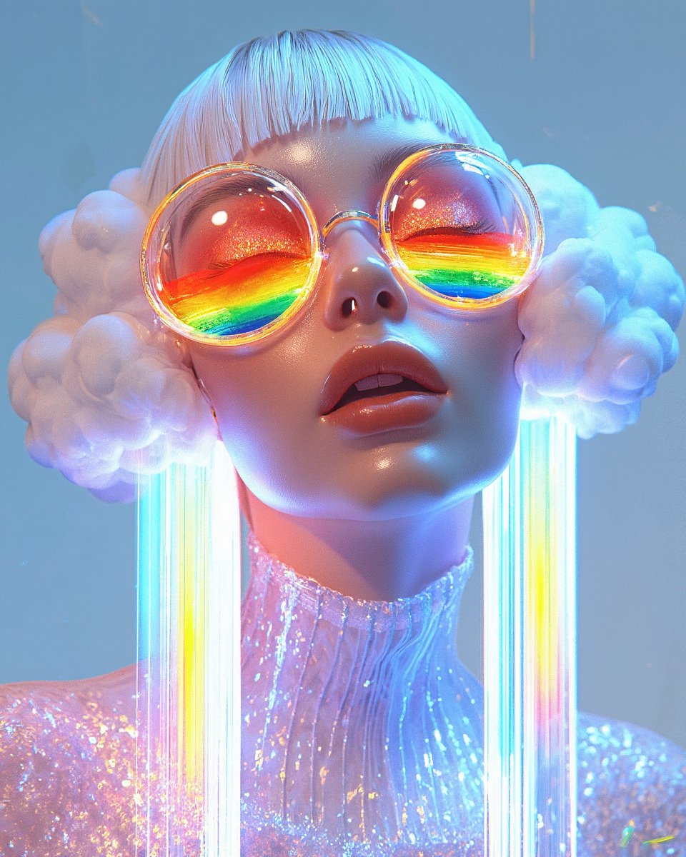 a surreal portrait of a beautiful girl wearing huge glass rainbow-shaped earrings. The light coming through the earrings and reflects on the white sparkling walls. The girl has white slicked back hair and wearing sparkling maskara. She has clouds on her shoulders. Surreal portrait for a magazing cover.