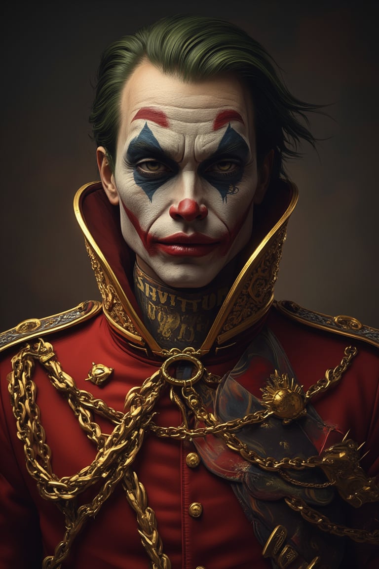 Joker wearing a Louis Vuitton and gold Victorian military uniform in a portrait fantasy art style painting