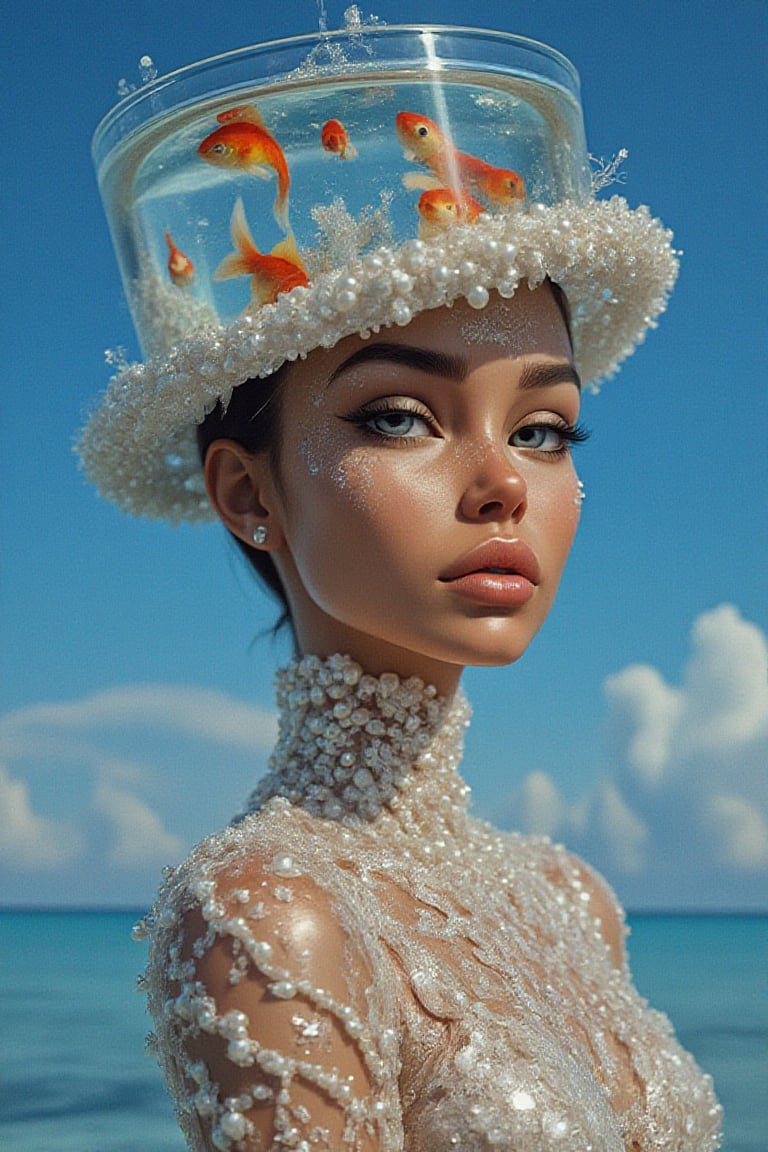 A woman wearing hat in form aquarium with goldfish, covered in pearls and jewels, om sky blue background, posing for the cover photo of fashion magazine, in the style of Tami Bone. High fashion, jewelry photography, shot with a Hasselblad camera. Hyper-realistic, intricate details, very detailed, high resolution, sharp focus.