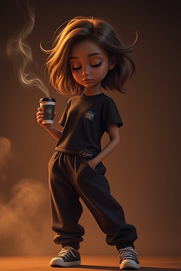 A cute Pixar style girl with messy hair, wearing a black t-shirt and sweatpants holding a coffee cup with sleepy eyes closed. Long exposure smoke in the air in the style of Disney. Full body, high resolution, high quality, high detail, cinematic render in the style of Octane