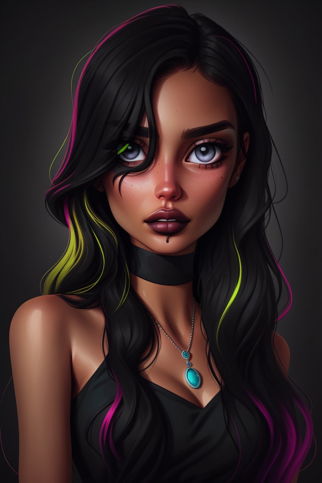 Goth girl, Goth girl 1girl 1girl,solo,long hair,looking at viewer,neon background,black hair,  long hair,multicolored hair,black eyes,grey background,necklace,(hair over one eye),two-tone hair,portrait,pandora,art style