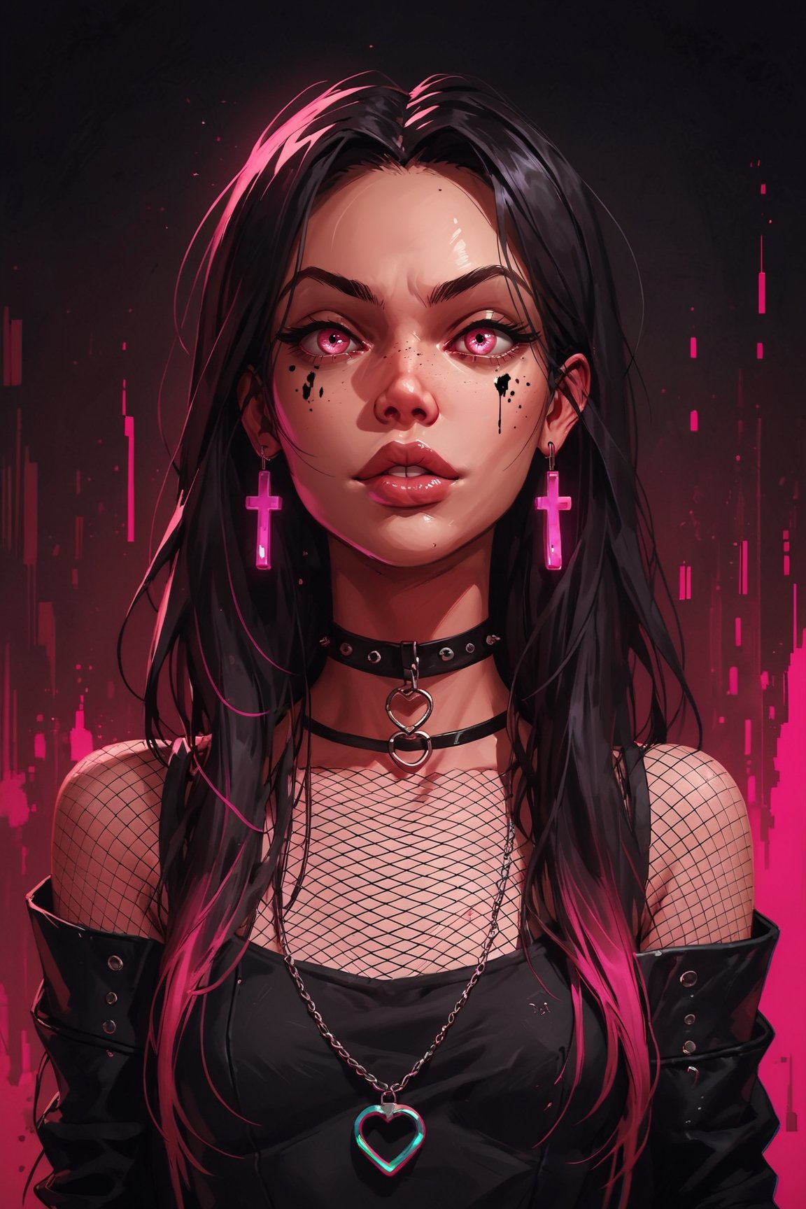 score_9. score_8_up, score_7_up, score_6_up, score_5_up, score_4_up, 1girl, acid long hair, curvy, swag, sassy, brutal, glowing, neon, fishnets, (glitch), portrait, ,score_9