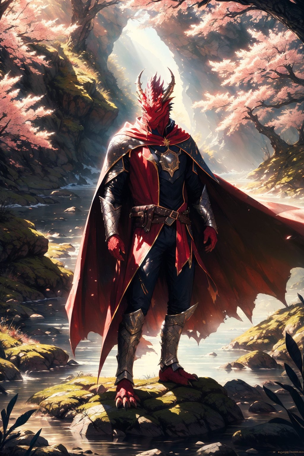 red dragonborn, black cape, fantasy, (sword), torn clothes, glowing, standing, art by greg rutkowski, armor, cowboy shot, (floating cape), intense sunlight, red dragonborn, outdoors, landscape, nature , sakura, ((masterpiece, best quality))