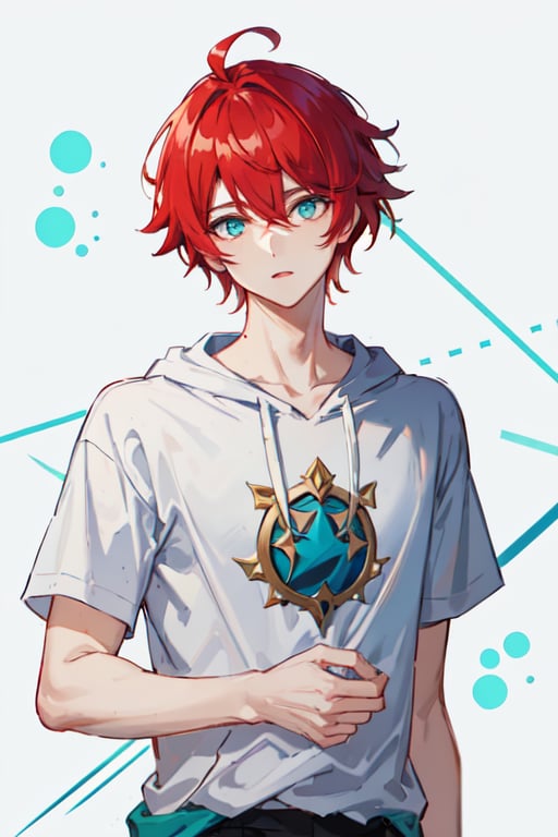 ((masterpiece, best quality)),alhaitham\(genshin impact\), boy,solo, (RED hair, bangs), upper body, (black hoodie), looking at viewer,aqua eyes, glowing eyes, scarlet hair,(symmetrical eyes), short hair,hair between eyes, swept bangs,  parted bangs, character focus, detailed, red hair