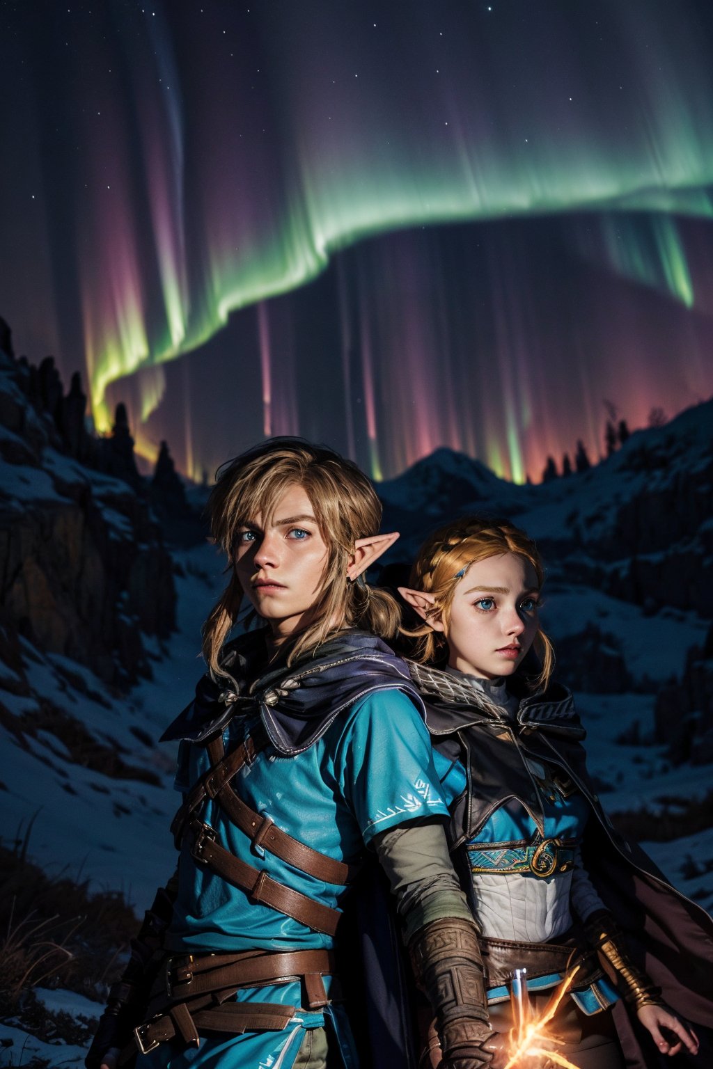 (1boy), Link, Zelda, (1girl), ((1boy and 1girl)), cape, insane light effect, ((masterpiece)), ((best quality)), aurora background, (4k)