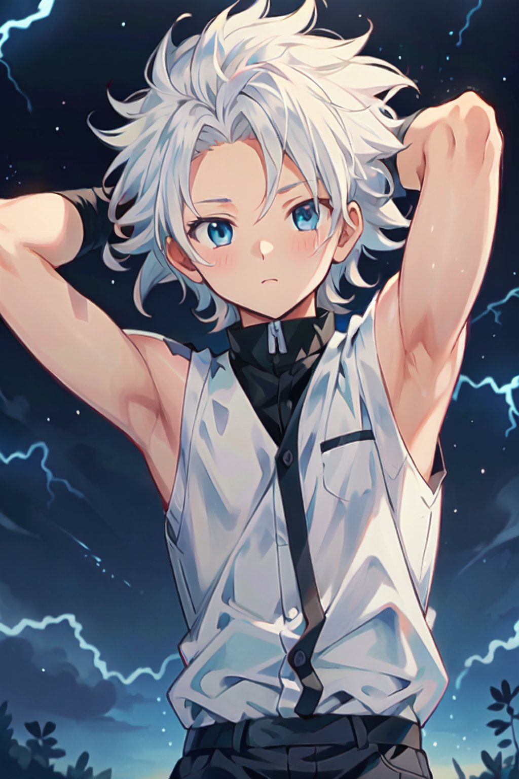 ((masterpiece)), ((best quality)), 4k, Kirua Zoldik (from Hunter x Hunter), Kirua Zoldik, godspeed, (1 youngboy), 12 years old, (boy), solo, upper body, ((spiky hair)), white hair, blue eyes, hand behind head, fine, white electricity, dark background, night, short hair,