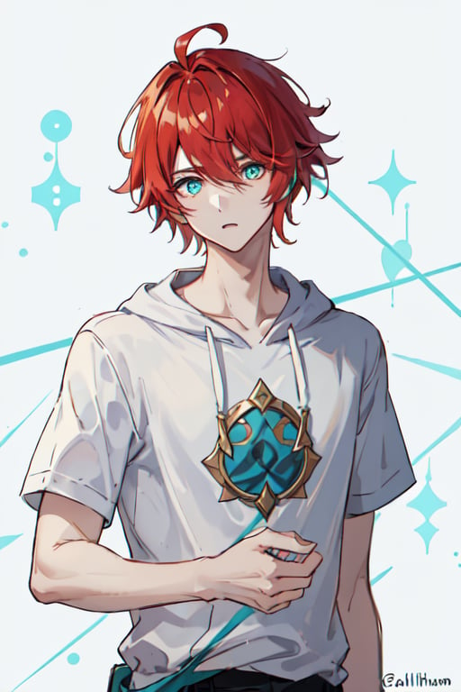 ((masterpiece, best quality)),alhaitham\(genshin impact\), boy,solo, (RED hair, bangs), upper body, (black hoodie), looking at viewer,aqua eyes, glowing eyes, scarlet hair,(symmetrical eyes), short hair,hair between eyes, swept bangs,  parted bangs, character focus, detailed, red hair