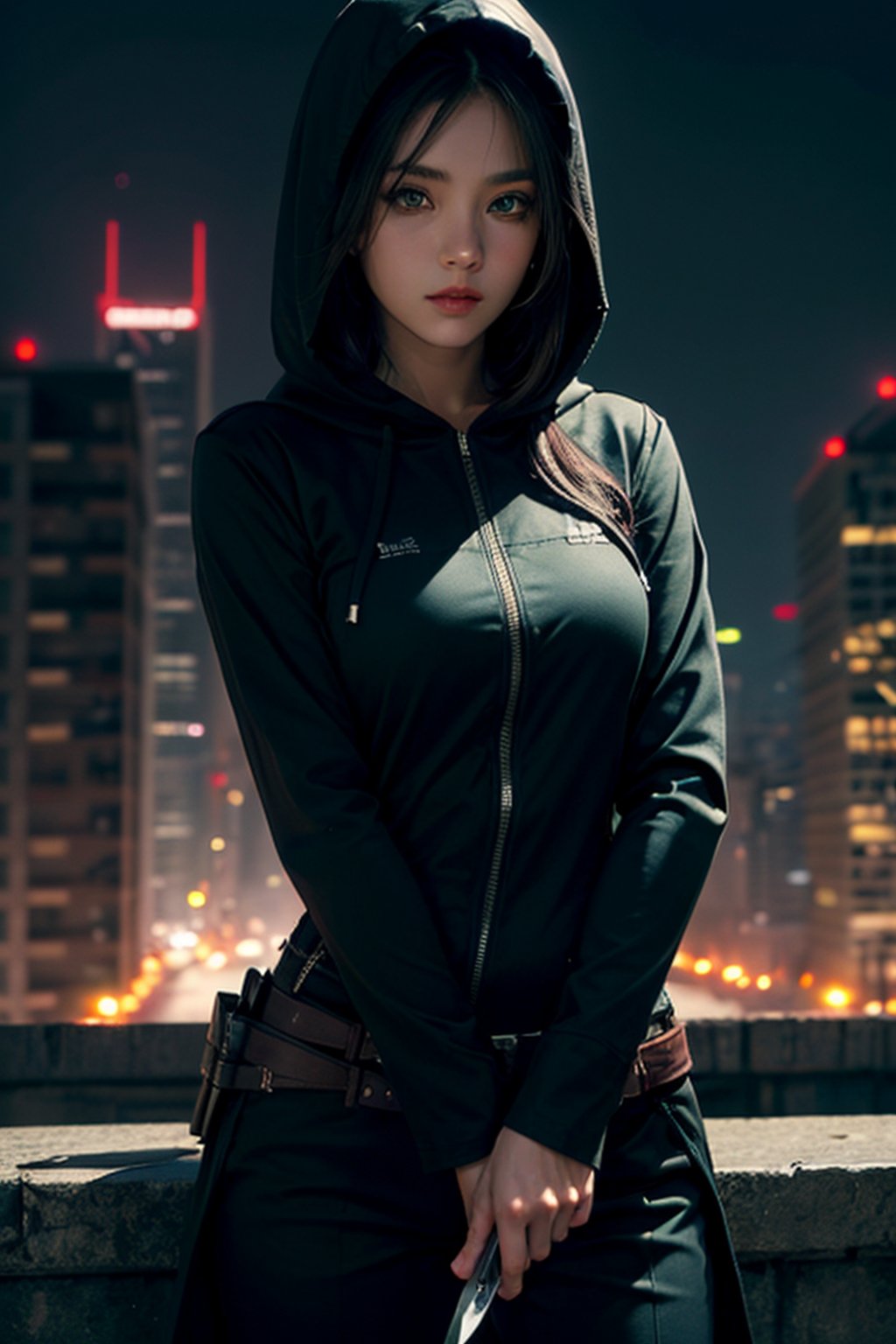 1 girl, holding a knife or dagger, assasin suit, black suit, hood, night, nice light effect, black hair, (green eyes), cityscape, ((masterpiece)), ((best quality)), 4k, 8k, insane picture, beautiful woman