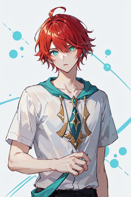 ((masterpiece, best quality)),alhaitham\(genshin impact\), boy,solo, (RED hair, bangs), upper body, looking at viewer,aqua eyes, glowing eyes, scarlet hair,(symmetrical eyes), short hair,hair between eyes, swept bangs,  parted bangs, character focus, detailed, red hair, five finger