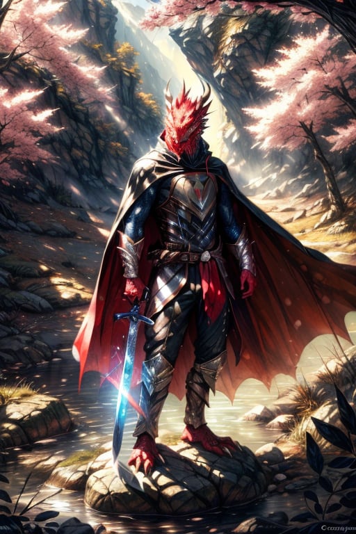 red dragonborn, (black cape), fantasy, ((sword)), (torn clothes), glowing, standing, art by greg rutkowski, armor, cowboy shot, (floating cape), intense sunlight, red dragonborn, outdoors, landscape, nature , sakura, ((masterpiece, best quality))