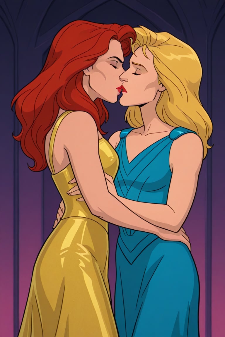 Jean Grey and Valerie Cooper lesbian kissing each other in evening dress in X-Men '97 TV series,  red hair,  blonde hair b...