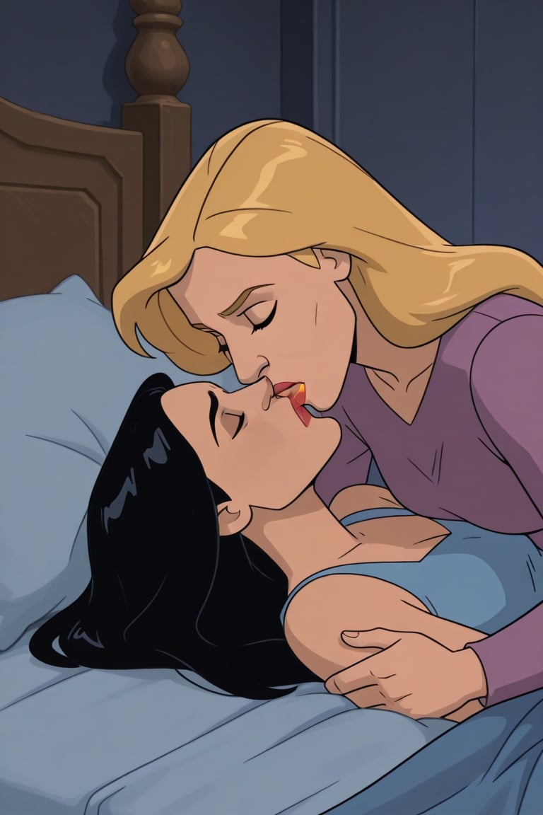 Riley and Jane lesbian kissing each other in bed in Invincible TV series,  black hair,  blonde hair by Anonnim on Tensor.Art