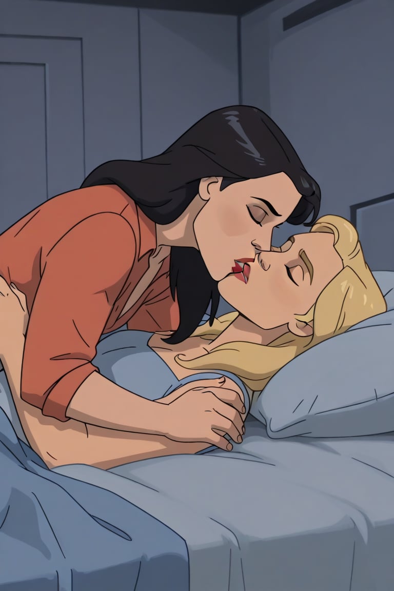 Riley and Jane lesbian kissing each other in bed in Invincible TV series,  black hair,  blonde hair by Anonnim on Tensor.Art