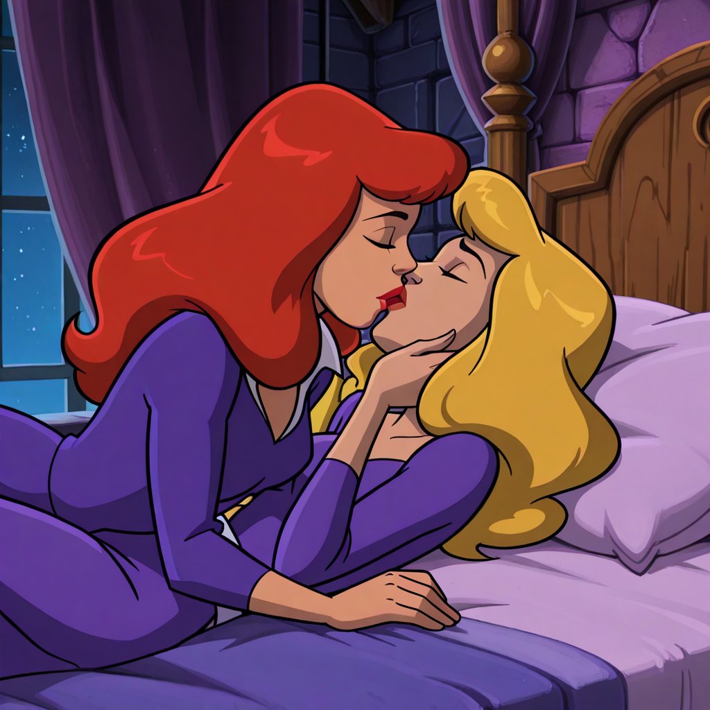 Daphne Blake and Professor Svankmajer lesbian kissing each other bed,  red hair,  blonde hair by Anonnim on Tensor.Art