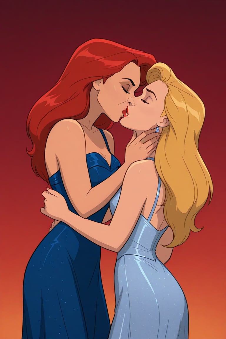 Jean Grey and Valerie Cooper lesbian kissing each other in evening dress in X-Men '97 TV series,  red hair,  blonde hair b...