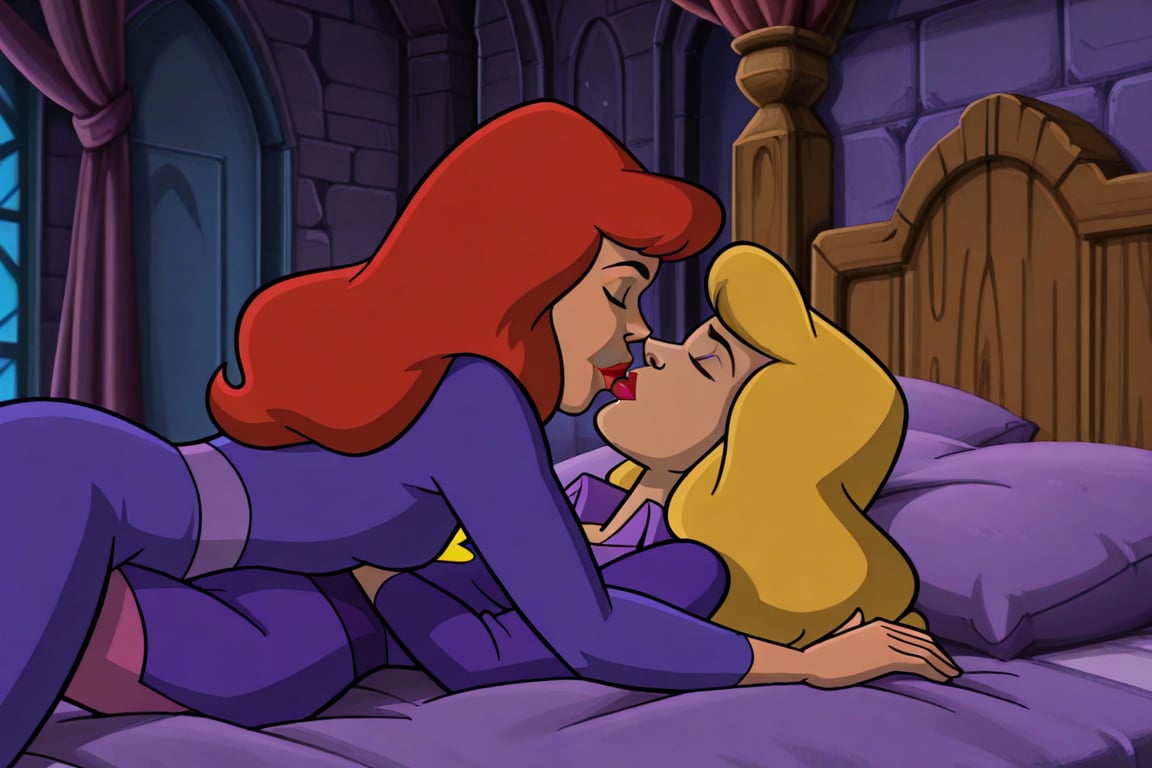 Daphne Blake and Professor Svankmajer lesbian kissing each other bed,  red hair,  blonde hair by Anonnim on Tensor.Art