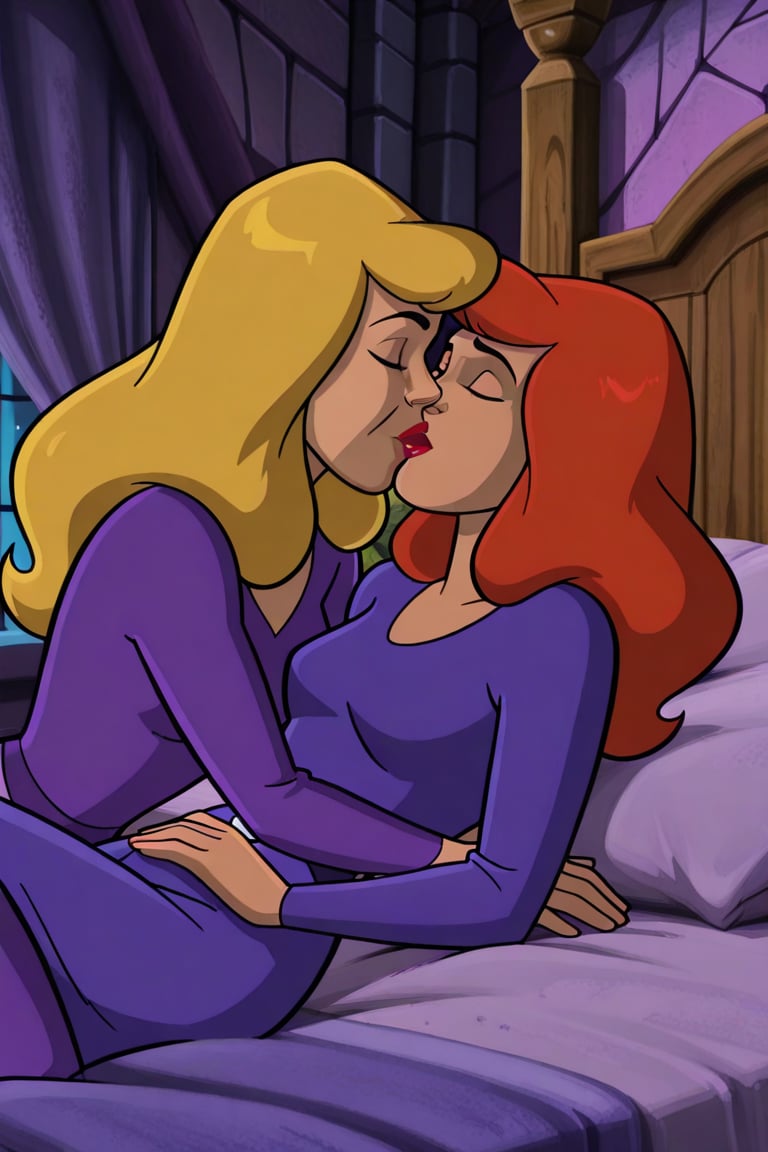 Daphne Blake and Professor Svankmajer lesbian kissing each other bed,  red hair,  blonde hair by Anonnim on Tensor.Art