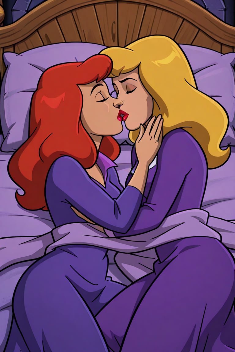 Daphne Blake and Professor Svankmajer lesbian kissing each other bed,  red hair,  blonde hair by Anonnim on Tensor.Art