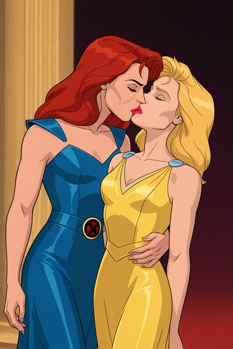 Jean Grey and Valerie Cooper lesbian kissing each other in evening dress in X-Men '97 TV series,  red hair,  blonde hair b...