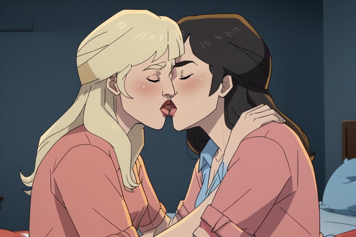 Riley and Jane lesbian kissing each other in bed in Invincible TV series,  black hair,  blonde hair by Anonnim on Tensor.Art
