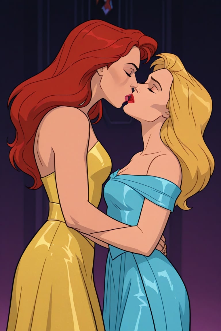 Jean Grey and Valerie Cooper lesbian kissing each other in evening dress in X-Men '97 TV series,  red hair,  blonde hair b...