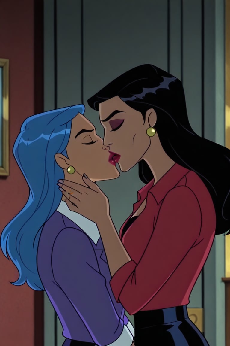Diana Prince and Tala lesbian kissing each other in DCAU series,  black hair,  blue hair by Anonnim on Tensor.Art
