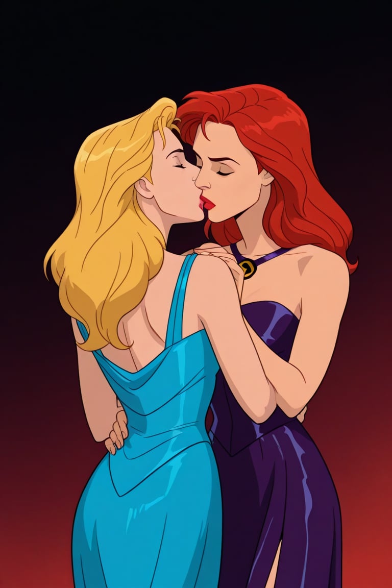 Jean Grey and Valerie Cooper lesbian kissing each other in evening dress in X-Men '97 TV series,  red hair,  blonde hair b...