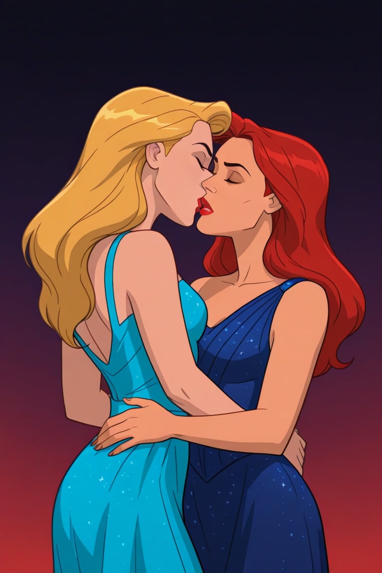 Jean Grey and Valerie Cooper lesbian kissing each other in evening dress in X-Men '97 TV series,  red hair,  blonde hair b...