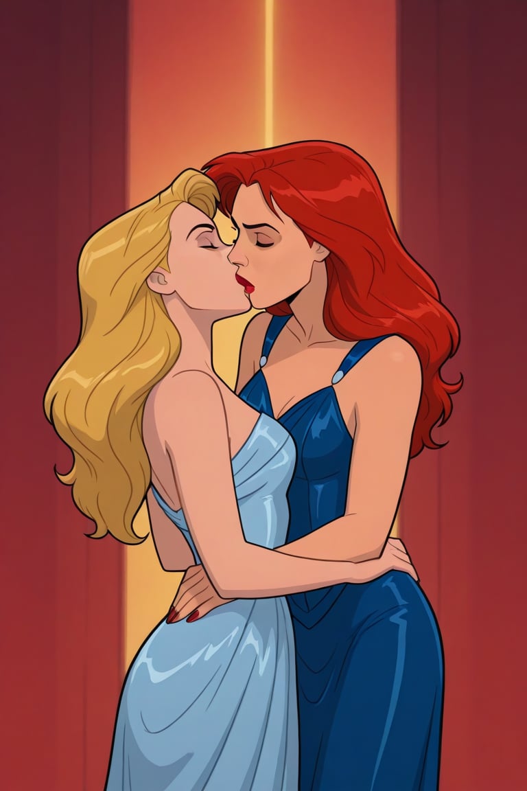 Jean Grey and Valerie Cooper lesbian kissing each other in evening dress in X-Men '97 TV series,  red hair,  blonde hair b...