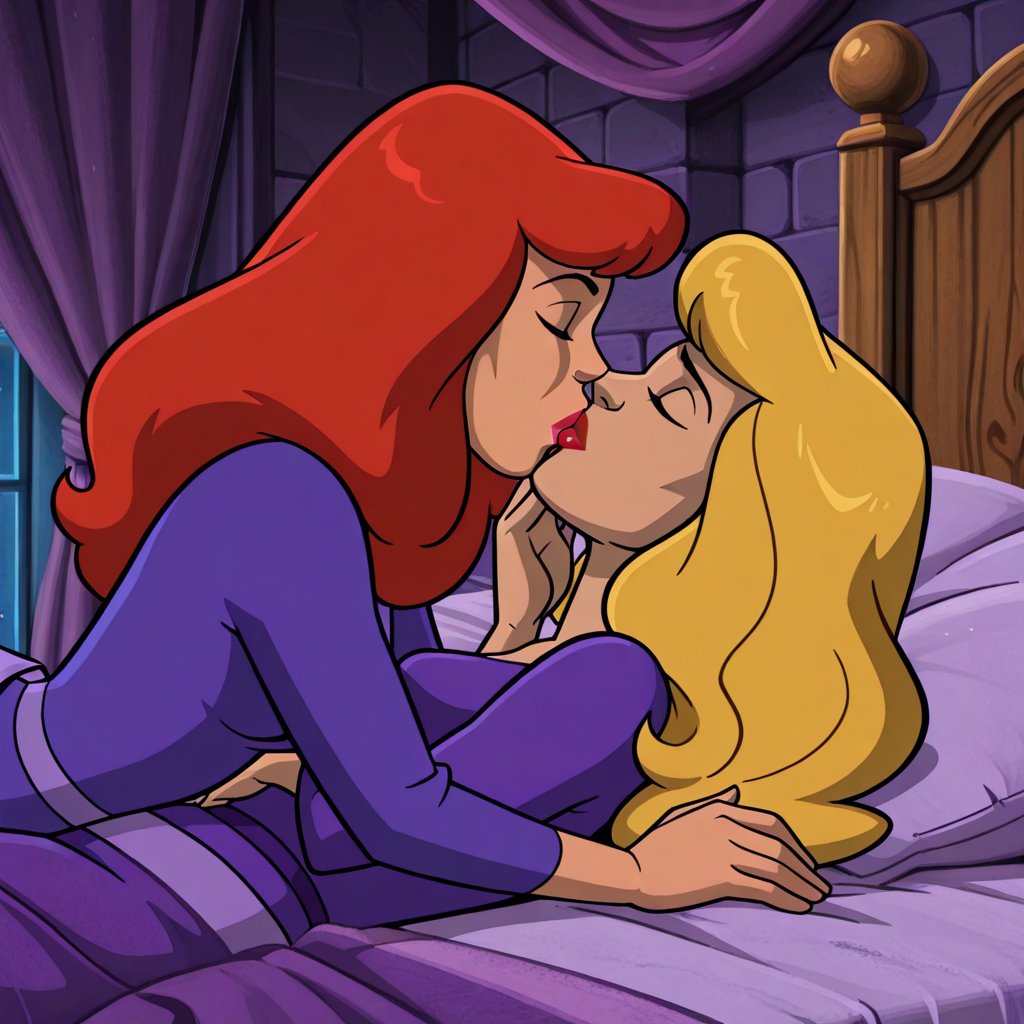 Daphne Blake and Professor Svankmajer lesbian kissing each other bed,  red hair,  blonde hair by Anonnim on Tensor.Art