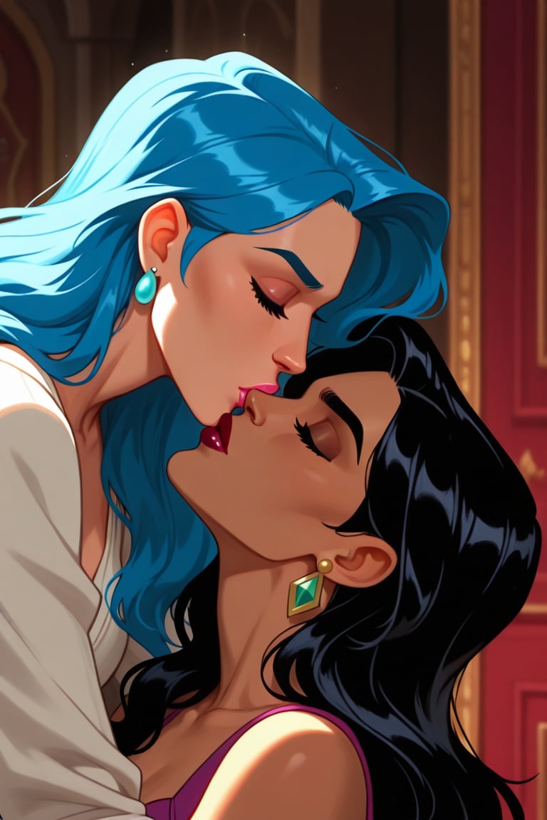 Diana Prince and Tala lesbian kissing each other in DCAU series,  black hair,  blue hair by Anonnim on Tensor.Art