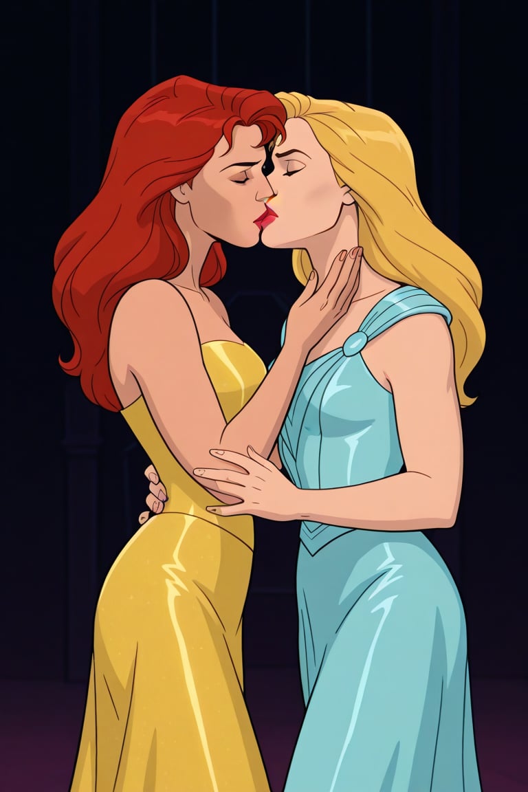 Jean Grey and Valerie Cooper lesbian kissing each other in evening dress in X-Men '97 TV series,  red hair,  blonde hair b...