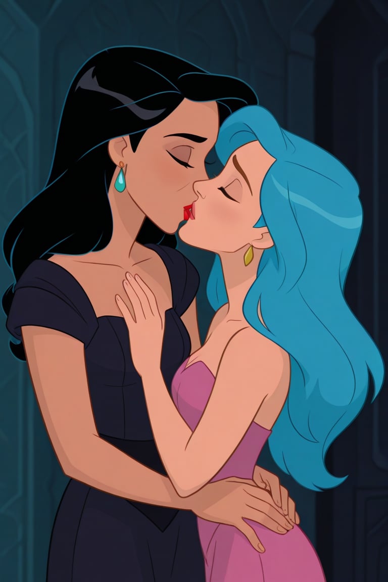 Diana Prince and Tala lesbian kissing each other in DCAU series,  black hair,  blue hair by Anonnim on Tensor.Art