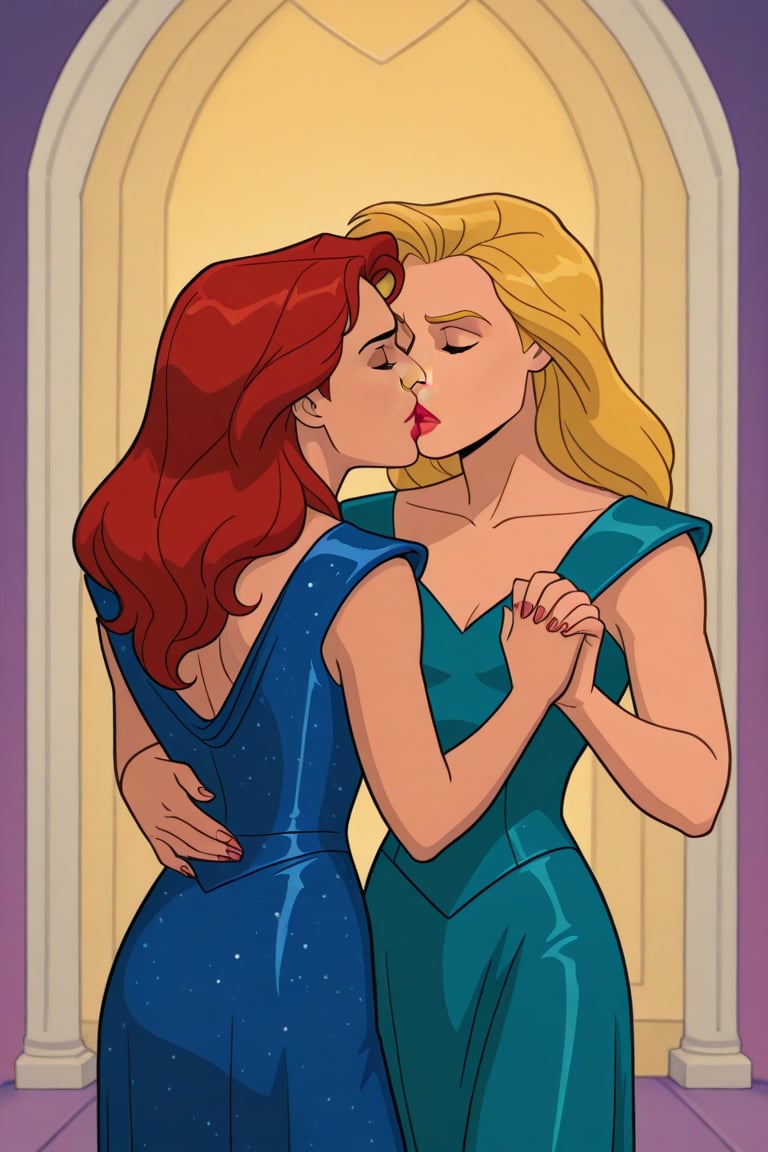 Jean Grey and Valerie Cooper lesbian kissing each other in evening dress in X-Men '97 TV series,  red hair,  blonde hair b...