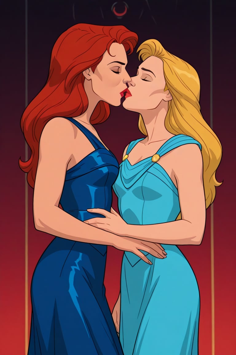 Jean Grey and Valerie Cooper lesbian kissing each other in evening dress in X-Men '97 TV series,  red hair,  blonde hair b...