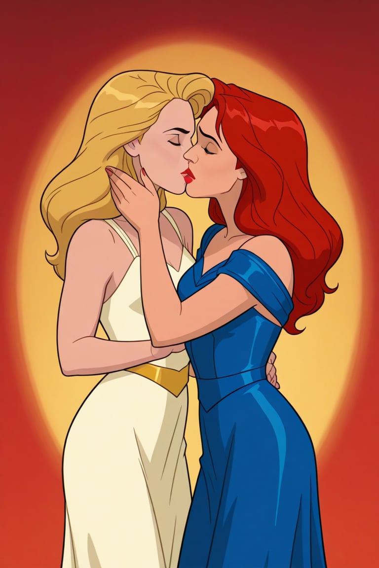 Jean Grey and Valerie Cooper lesbian kissing each other in evening dress in X-Men '97 TV series,  red hair,  blonde hair b...