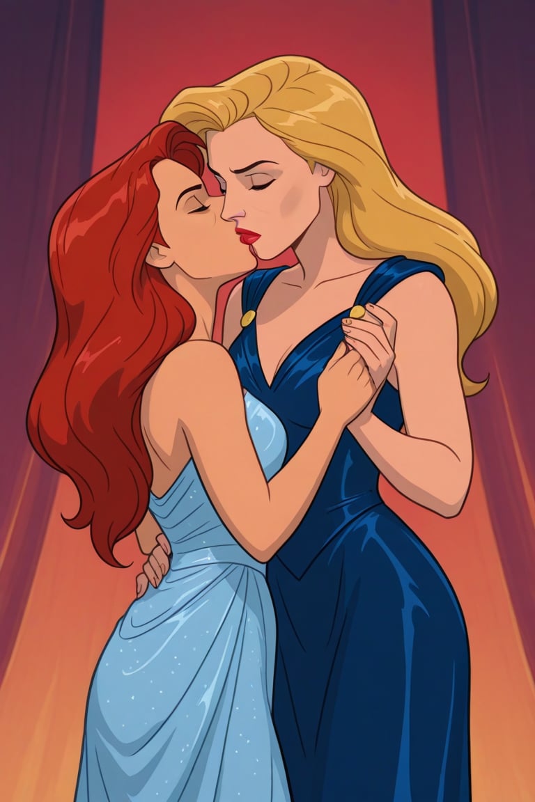 Jean Grey and Valerie Cooper lesbian kissing each other in evening dress in X-Men '97 TV series,  red hair,  blonde hair b...