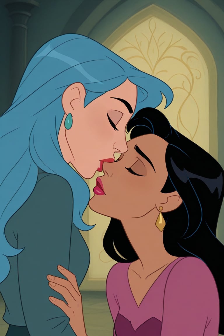 Diana Prince and Tala lesbian kissing each other in DCAU series,  black hair,  blue hair by Anonnim on Tensor.Art