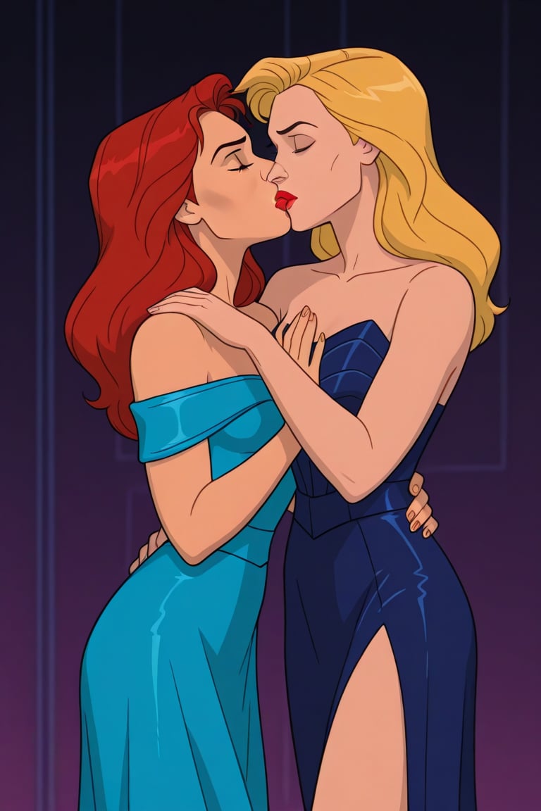 Jean Grey and Valerie Cooper lesbian kissing each other in evening dress in X-Men '97 TV series,  red hair,  blonde hair b...