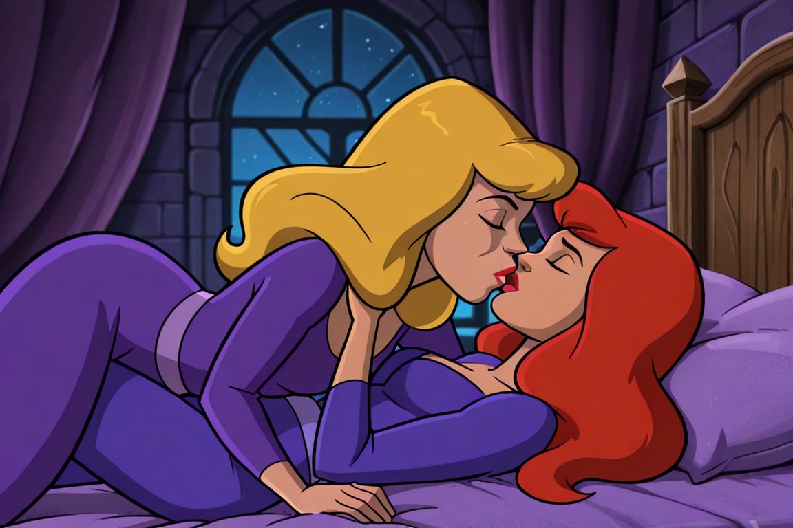 Daphne Blake and Professor Svankmajer lesbian kissing each other bed,  red hair,  blonde hair by Anonnim on Tensor.Art