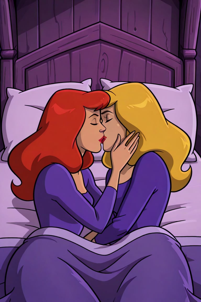 Daphne Blake and Professor Svankmajer lesbian kissing each other bed,  red hair,  blonde hair by Anonnim on Tensor.Art
