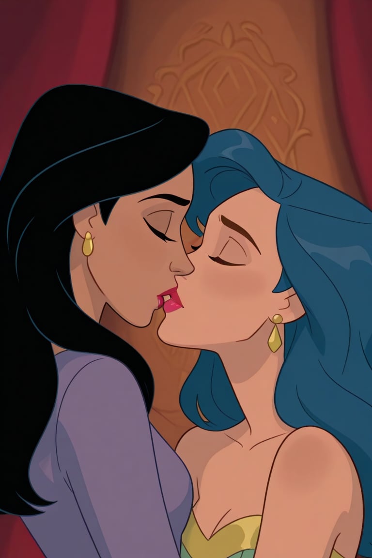 Diana Prince and Tala lesbian kissing each other in DCAU series,  black hair,  blue hair by Anonnim on Tensor.Art