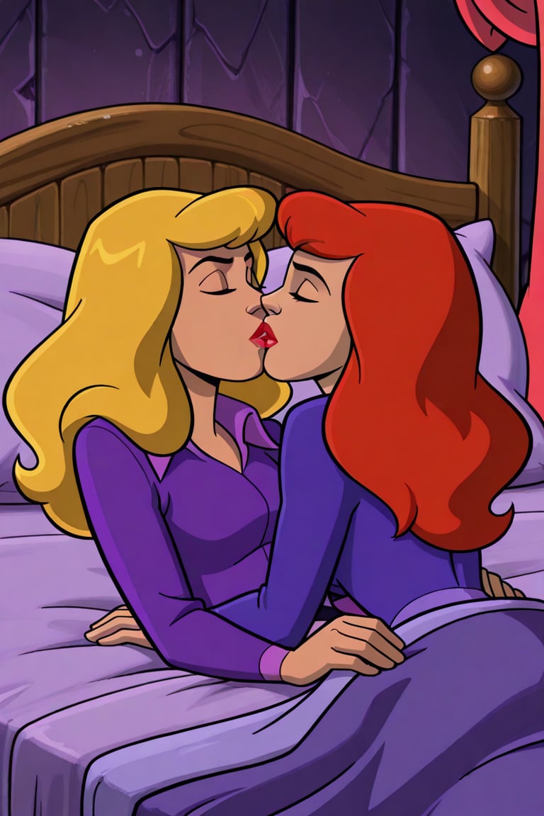 Daphne Blake and Professor Svankmajer lesbian kissing each other bed,  red hair,  blonde hair by Anonnim on Tensor.Art