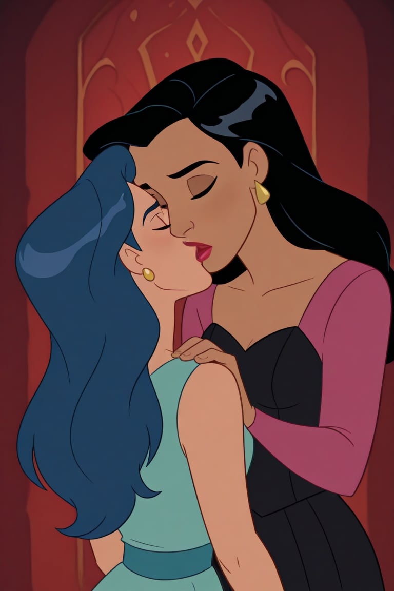 Diana Prince and Tala lesbian kissing each other in DCAU series,  black hair,  blue hair by Anonnim on Tensor.Art