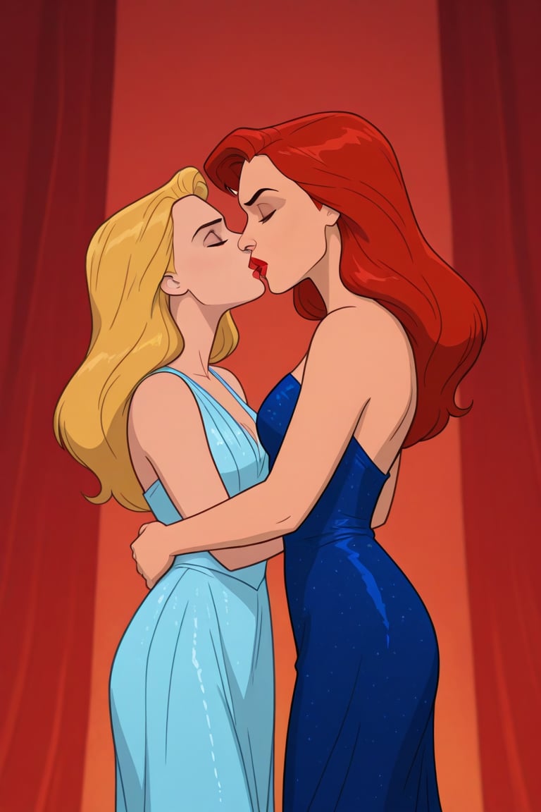 Jean Grey and Valerie Cooper lesbian kissing each other in evening dress in X-Men '97 TV series,  red hair,  blonde hair b...
